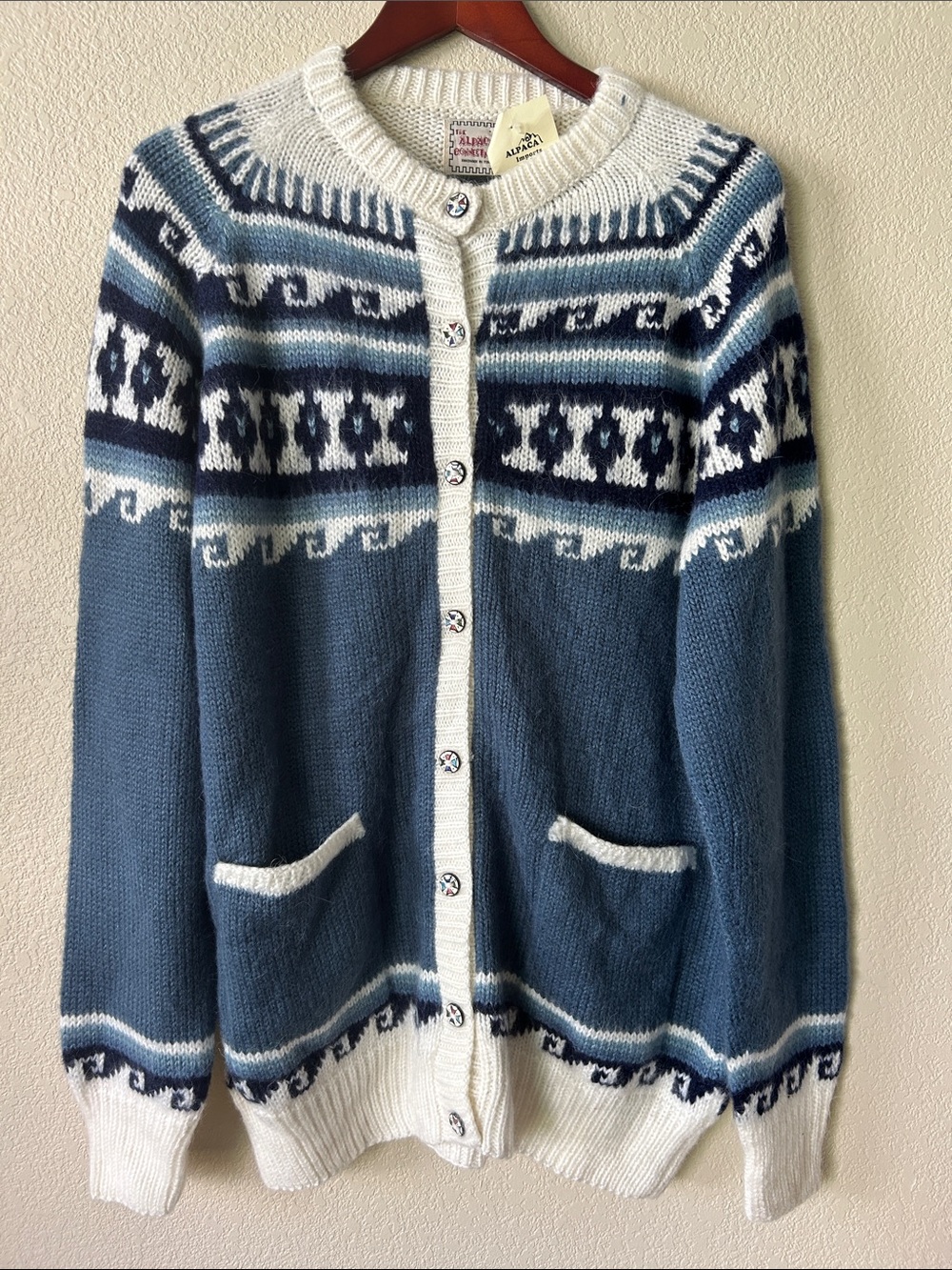 NWT THE ALPACA CONNECTION Blue and White Nordic Knit Cardigan Sweater, XL